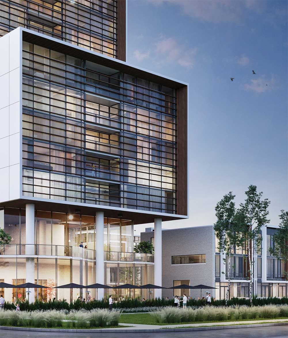 The Birch condo entrance and lobby, with the towns beside it